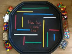 a black tray with writing on it that says, how long is each line?