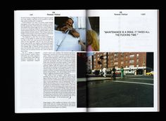 an open book with pictures of people on the street and buildings in the background,