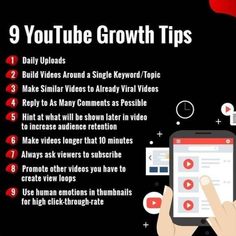 a hand holding a smart phone with the text 9 youtube growth tips