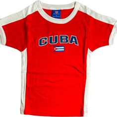 Cuba Women’s Embroidered Top Red Varsity T-shirt For Sports Season, Red Sportswear T-shirt For Sports Events, Red Throwback Tops For Game Day, Red Tops With Letter Print For Sports Season, Red Collegiate Cotton Top, Red Varsity Tops For Sports Events, Red Collegiate Tops For Sports Events, Red Sportswear T-shirt With Letter Print, Red Letter Print T-shirt For Sportswear