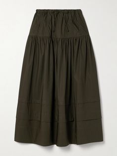 Ulla Johnson's 'Anthia' skirt is made from lightweight cotton-poplin in a tiered, billowy silhouette. The elasticated waistband is threaded with drawstrings, giving it a subtly sporty feel. Style it as part of a neutral outfit. How To Style Skirts In Winter, Ghana Clothes, Poplin Skirt, Modest Dresses Casual, Dress Flats, Fashion Sewing Pattern, Neutral Outfit, Beautiful Skirts, Green Skirt