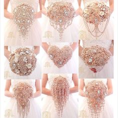 the brides bouquet is made up of many different types of flowers and pearls on it