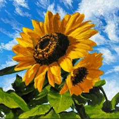 an oil painting of a sunflower with blue sky in the background and white clouds