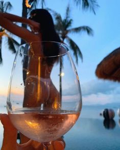 a person holding up a wine glass in front of the ocean with palm trees behind them