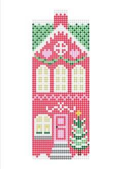 a cross - stitch pattern of a red house with a christmas tree on the front