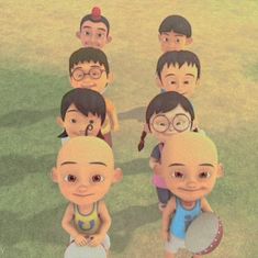 a group of cartoon people standing in the grass