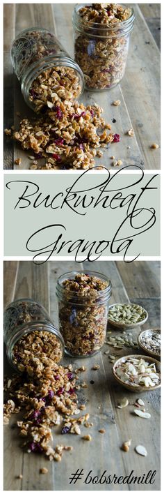 three different images of granola in glass jars