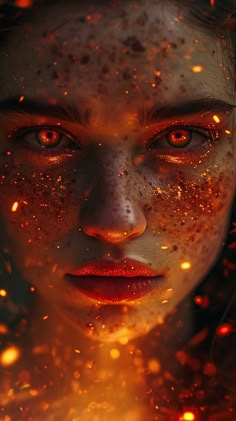 a woman with freckles on her face and eyes is surrounded by red fire