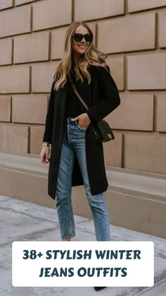 38+ Stylish Winter Jeans Outfits High Rise Wide Leg Jeans Outfit Winter, Winter Flared Jeans Outfit, Cropped Jeans Outfit Winter, Winter Flare Jeans Outfit, High Rise Wide Leg Jeans Outfit, Boot Cut Jeans Outfit, Winter Jeans Outfit, Dark Denim Jeans Outfit, Flare Jeans Outfit Winter