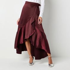 Amp up the glamor with this Ryegrass women's satin wrap skirt. Featuring a dramatic ruffled high low length and waist tie, you'll make a statement at the office or your next night out paired with a blouse or fitted top. Front Style: Flat FrontClosure Type: ButtonClosure Location: Right SideRise: High RiseApparel Length: 39 InchesFiber Content: 96% Polyester, 4% SpandexFabric Description: SatinLining: UnlinedSkirt Length: High Low LengthCare: Machine WashSkirt Type: Wrap SkirtsCountry of Origin: Flowy Satin Skirt For Fall, Chic Satin Tiered Skirt, Spring Satin Ruffled Skirt, Satin Tiered Skirt With Lining, Summer Satin Tiered Skirt, Spring Satin Skirt With Ruffles, Flowy Tiered Satin Skirt, Satin Ruffled Skirt For Party, Chic Ruffled Wrap Skirt For Party