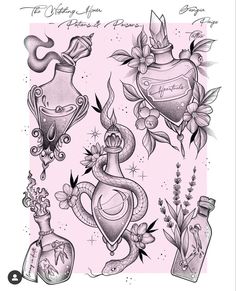 the best witch tattoo designs on this page are in black and white, with pink background