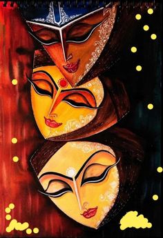 an artistic painting of three women with eyes closed and one woman's face in the middle