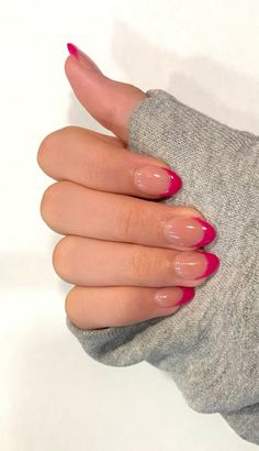 Nails Inspiration Pink French Tip, Fuchsia Pink French Tip Nails, Pink Acrylics French Tip, Nails Not French Tip, Hot Pink Nail Inspo Almond, Almond Nails Hot Pink French Tip, Magenta Nails French Tips, Nail Inspo Full Color, Fushia French Tips