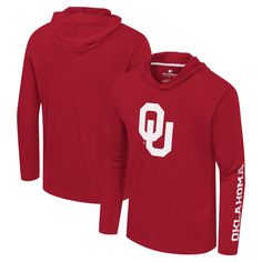 Show your Oklahoma Sooners pride in comfort and style with this Colosseum Logo Lockup Active Blend Long Sleeve T-Shirt Hoodie. This long-sleeve tee is crafted from a blend of cotton and polyester, making it ideal for casual wear or a more active lifestyle. The Oklahoma Sooners logo is prominently displayed on the front, while the wordmark down the left sleeve adds a subtle touch of team spirit. This tee is perfect for representing your Oklahoma Sooners fandom wherever you go. Fan Gear Hooded Top With Letter Print, Cotton Hooded Tops For Fan Gear, Hooded Fan Apparel Tops With Team Name, Sports Fan Hoodie Top, Sporty Pre-shrunk Hooded Tops, Cotton Hooded Sports T-shirt, Hooded Cotton Tops For Sports Season, Cotton Hooded T-shirt For Sports, Moisture-wicking Cotton Hooded Top