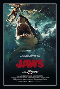 the movie poster for jaws, featuring a shark and a man on it's back