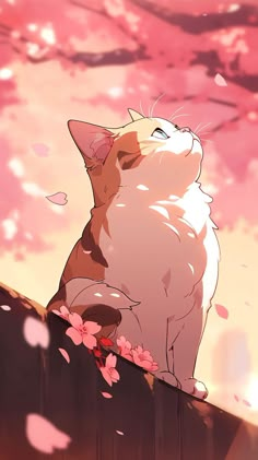 a cat sitting on top of a wooden fence next to pink and white flowers in the air