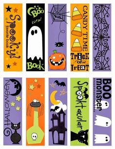 an image of halloween bookmarks with ghost, pumpkins and bats on them in different colors