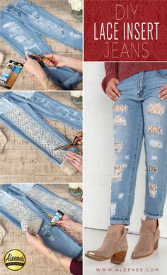 several pictures of different types of jeans with the words diy lace insert jeans on them