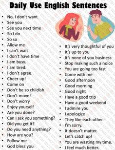 an english poster with two people talking to each other and the words daily use sentences