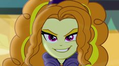 an animated image of a woman with long hair and big eyes wearing a purple outfit