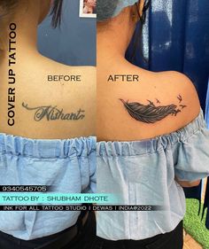 before and after photos of a woman's shoulder tattoo