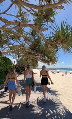 three women walking on the beach with palm trees