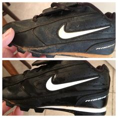 two pictures of black and white nike shoes