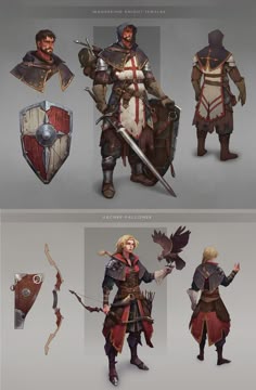 the concept art for an upcoming video game is shown in three different poses, including two men and one woman