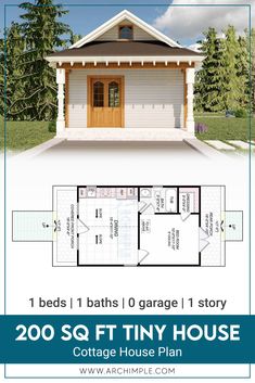 the floor plan for this tiny house is shown in blue and white, with an attached garage