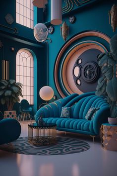 a living room filled with blue couches and lots of mirrors on the wall above them