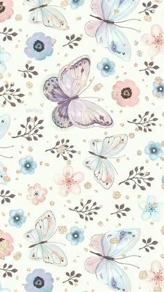 a white background with blue and pink butterflies on it's sides, all in different colors