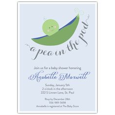 two peas are sitting on top of a green pealing baby shower card with the words,