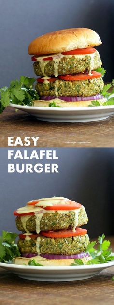 two plates with sandwiches stacked on top of each other and the words easy falafel burger