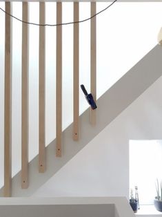 a blue bird sitting on top of a wooden banister next to a white wall