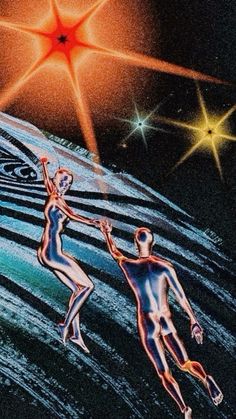 an image of two people reaching for each other in the air with stars above them