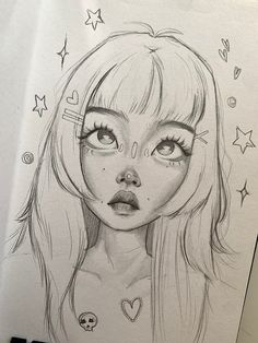 a pencil drawing of a girl with stars on her head and eyes, looking to the side