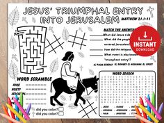 Palm Sunday Activities, Jesus Palm Sunday, Triumphant Entry to Jerusalem, Church Kids Activity, Sunday School Activities, Bible Placemat "Bible Activity Sheets: Interactive, Educational, Fun! Engage Kids in Faith with Coloring, games, and More. Inspire Learning and Spiritual Growth in a Playful Way. Perfect for Families, Sunday Schools, and Homeschooling. Get Your Kids Excited About the Bible Today! Buy Now and Watch Them Explore God's Word with Joy!" Each Bible Activity Sheet includes: - Word S Bible Activity Sheets, Palm Sunday Activities, Kids Church Activities, Triumphal Entry, Coloring Games, Sunday Activities, Sunday School Activities, Engage Kids, Bible Activities