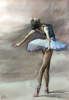 a watercolor painting of a ballerina in blue and white tutu with pink ballet shoes