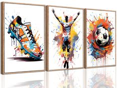 three paintings of soccer players with colorful paint splatters on the wall and one is holding