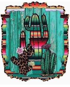 a painting of a cactus with flowers and a birdcage on a wooden background