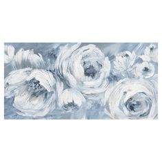 an abstract painting of white flowers on a blue and gray background with space for text