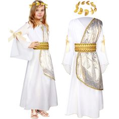 PRICES MAY VARY. Toga Costume: include 1 girls toga costume and 1 leaf laurel wreath, which is a nice classical and stylish cosplay accessory for girls to play the role of a Carnival greek or roman princess, the beautiful combination will make you become the focus in the theme party and crowd Quality Material and Proper Size: Greek costume is made of quality polyester fiber, soft and comfortable, not easy to fade or dim, which can be applied for a long time; And the laurel wreath leaf crown is r Greek Costume Girl, Roman Crown, Greek Toga, Roman Toga, Toga Costume, Greek Dress, Roman Costume, Greek Costume, Leaf Headpiece