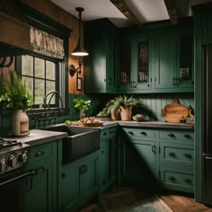 A rustic kitchen Kitchen Inspo Cottagecore, Dark Cottage Core Apartment, Cottage Core Aethstetic, Whimsical Gothic Kitchen, Cozy Kitchen Cabinets, Cottagecore Kitchen Modern, Home Decor Cottagecore, Timeless Green Kitchen, Avant Garde Kitchen Design