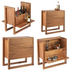 four different types of wooden furniture with bottles and glasses in the bottom drawer on each side