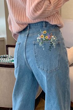 Wildflower Pocket Denim Jeans (Medium Blue) Embroidery Jeans Diy, Clothes Embroidery Diy, Diy Vetement, Painted Jeans, Denim Pants Women, Embroidery On Clothes, Cute Embroidery, 자수 디자인, Sewing Embroidery Designs