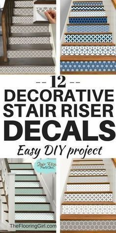 stairs with decorative stair decals on them and the words, 12 decorative stair decals easy diy project