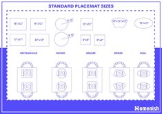 the standard placemat sizes are shown in blue and white