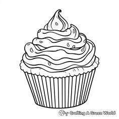 a cupcake with icing and sprinkles on it, coloring page