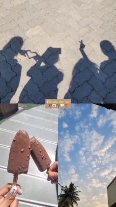 two photos one with the shadow of a person holding an ice cream sundae and the other has a cookie on it