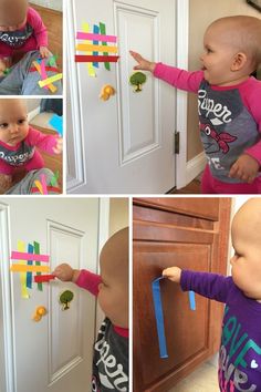 a collage of photos showing a toddler playing with construction paper and magnets